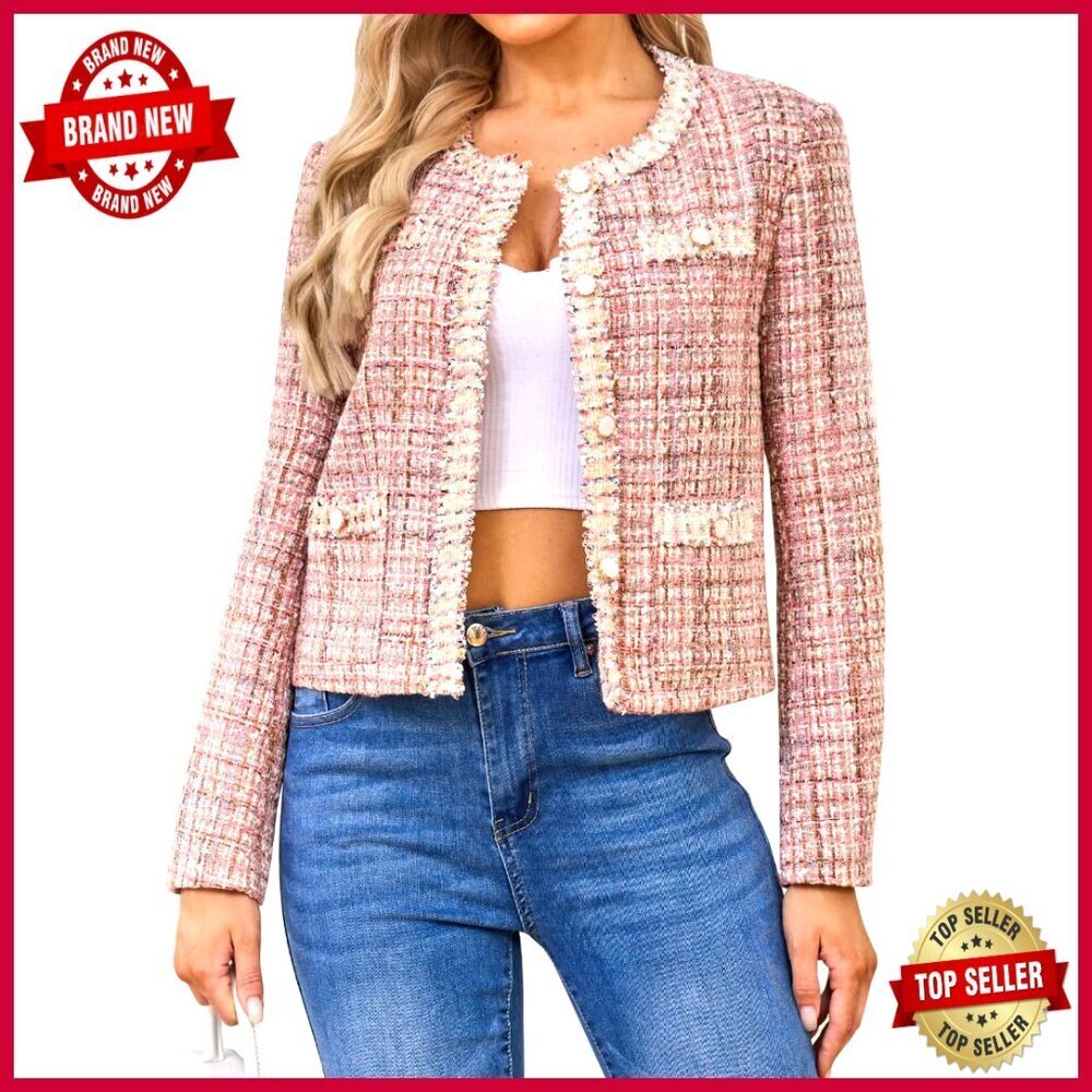 Cropped Tweed Blazer with Lace Trim, Slim Fit, Long Sleeve Work Jacket